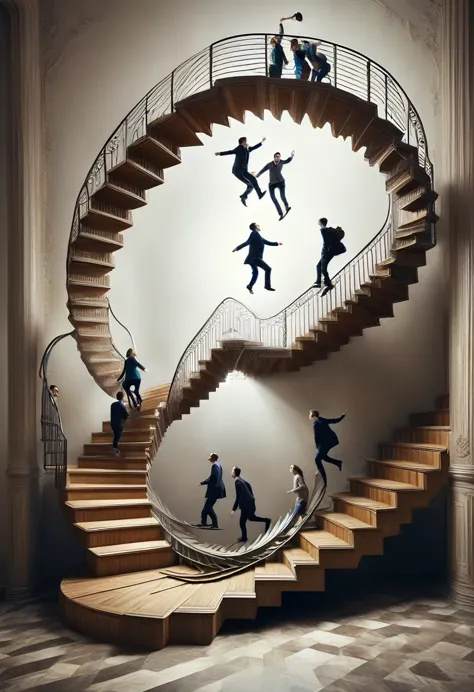 a staircase disfigured geometry, people climbing and falling from the end of the stairs that bend and turn upside down, loop of ...