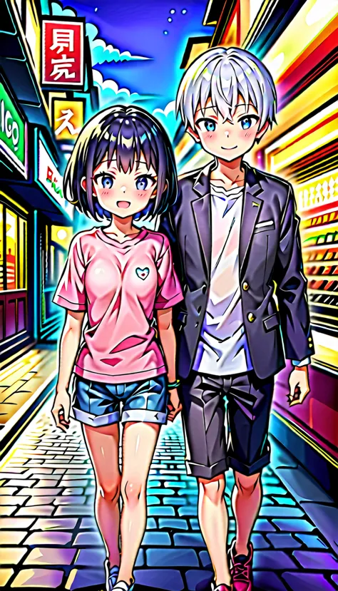 a boy and a girl walking hand in hand、small and centrally located、boy on the right、girl on the left、date、eveningの街並み、evening、cas...