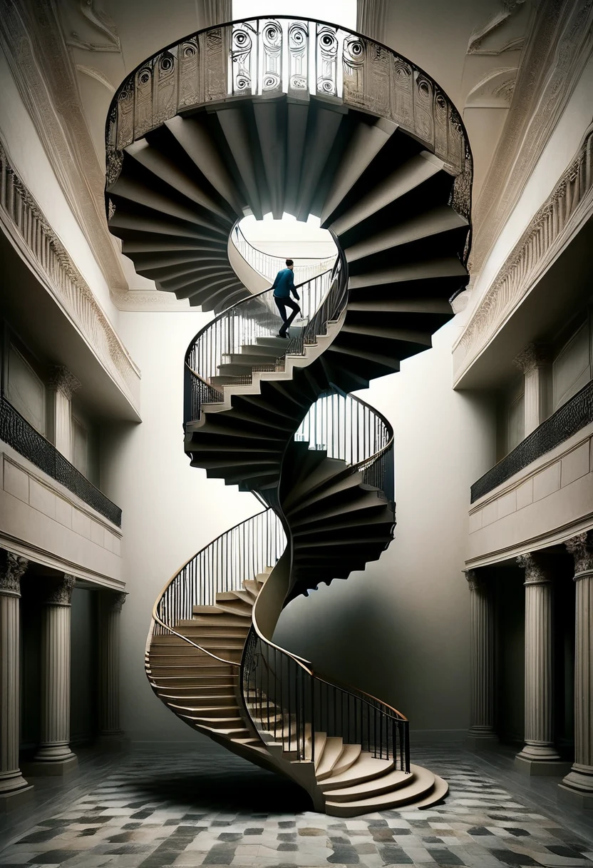 a staircase disfigured geometry, people climbing and falling from the end of the stairs that bend and turn upside down, loop of people repeating the process of stupidity. super realistico: super verbose