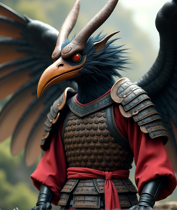 quality\(8k,wallpaper of extremely detailed CG unit, ​masterpiece,hight resolution,top-quality,top-quality real texture skin,hyper realisitic,increase the resolution,RAW photos,best qualtiy,highly detailed,1. Appearance: Tengu are often depicted as humanoid beings with long noses and sometimes wings. Their appearance can vary from a mischievous figure to a reclusive one.
2. Powers: Tengu are believed to possess supernatural abilities. They are sometimes portrayed as forest guardians or great warriors.
3. Nature: According to stories, tengu usually inhabit forests and mountains, where they protect their environment.
4. Behavior: Tengu are often shown as "demons" or "tricksters" who play tricks on humans and confuse them.
Traditional Dress: Tengu are often depicted in traditional Japanese attire, such as "kimono" and "hakama" (wide-legged trousers), resembling ancient warriors or monks.
2. Kabuki Mask: Sometimes, tengu are shown wearing a distinctive mask with a long nose, giving them a dramatic and intimidating look.
3. Samurai Armor: In some stories and depictions, tengu are shown in samurai armor, highlighting their warrior qualities.