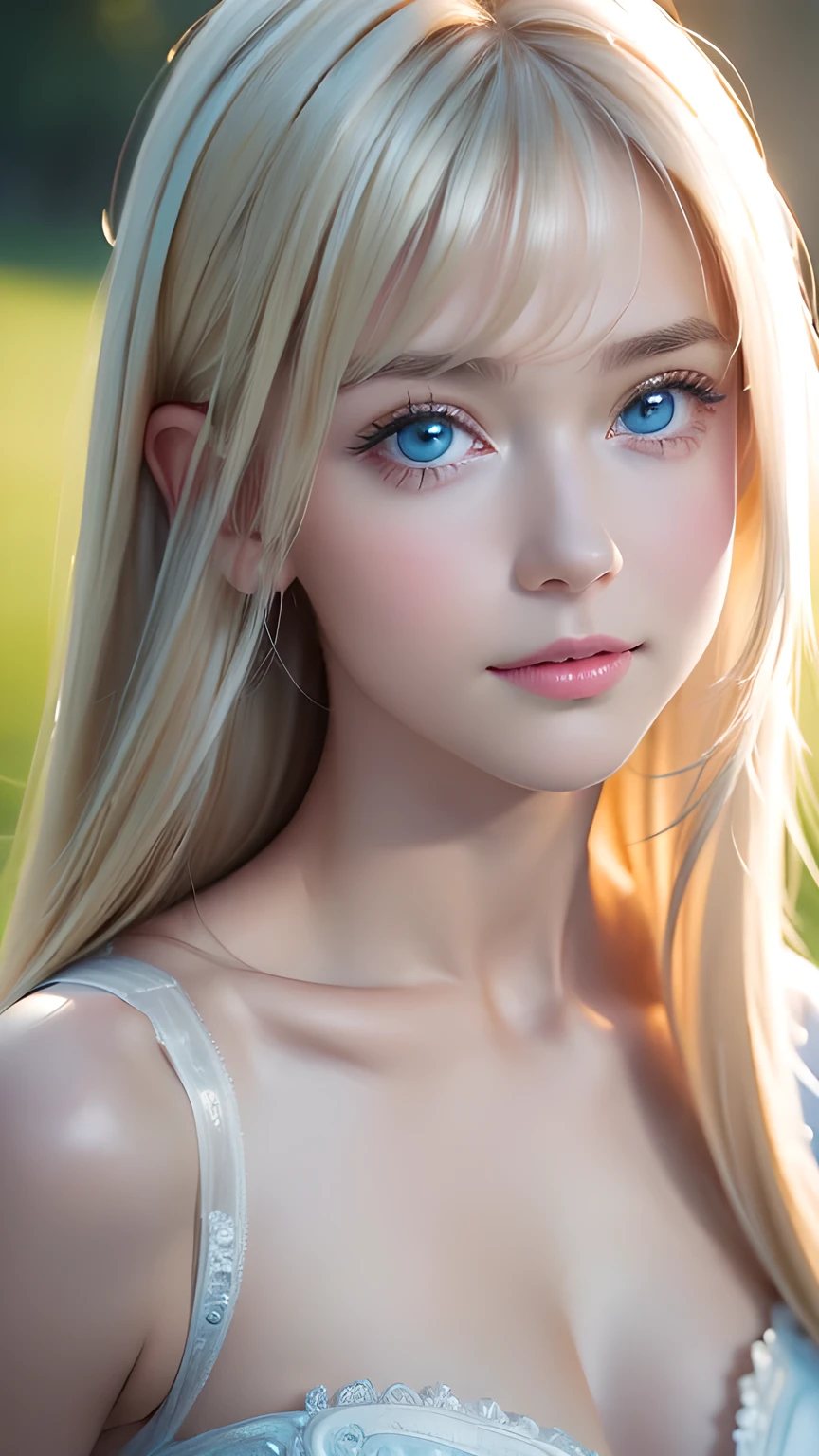 (Close-up:1.4)、(RAW shooting:1.2)、(Photorealistic:1.4)、(masterpiece:1.3)、(Highest quality:1.4)、Bright expression、Very beautiful babyface girl、An exceptionally beautiful Nordic girl、Detailed cute and beautiful face、Beautiful bangs、Shiny white glossy skin、Blonde hair on face、Bangs that reach the face、Bangs between the eyes、Super long hair、Attractive bright natural platinum blonde super long straight silky hair、Thin Hair、Attractive shining beautiful bright clear light blue big eyes、Gorgeous dress、Double eyelids、Ample Bust、Upper body、Old castle