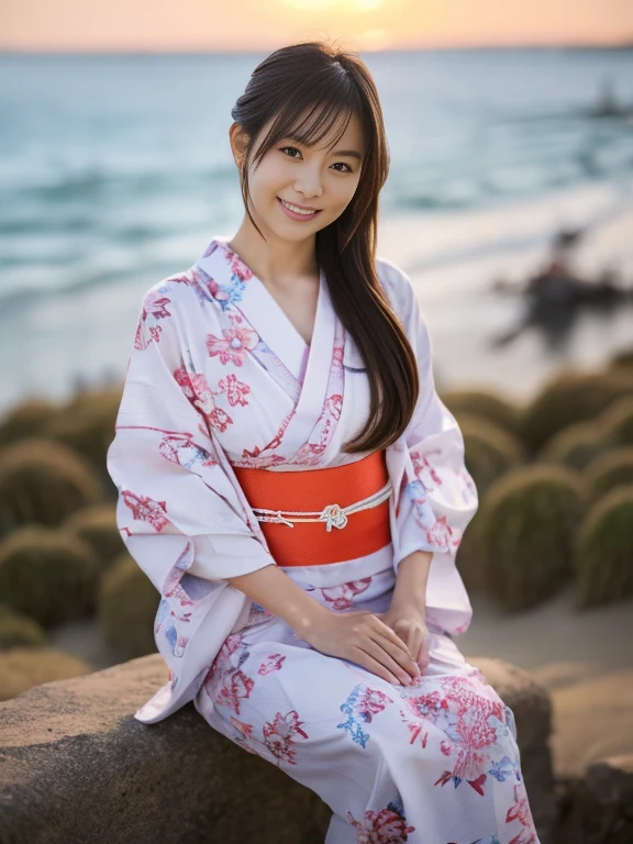 Cowboy Shot, View your viewers, (Late summer date), (8k, RAW Photos, Highest quality, masterpiece:1.2), (Realistic, Photorealistic:1.4), ((Yukata with Japanese-style patterns)), Japanese Women in College, (One Woman:1.2), She is very beautiful, Glowing Skin, Cute and symmetrical face, Perfect Face, Glowing Skin, Light Brown Hair, Medium Hair, Wavy Hair, Put your hair up, Makeup, Beautiful Hair, Beautiful Face, Beautiful attention to detail, Beautiful body, Beautiful fingers, (Seaside fireworks display), Standing, Arms crossed, (キュートなsmile), Very detailed, Shallow depth of field, Perfect Anatomy, Perfect legs, Perfect hands, Perfect Eyes, Perfect body, smile, double eyelids, (Natural Side Lighting, Cinema Lighting),