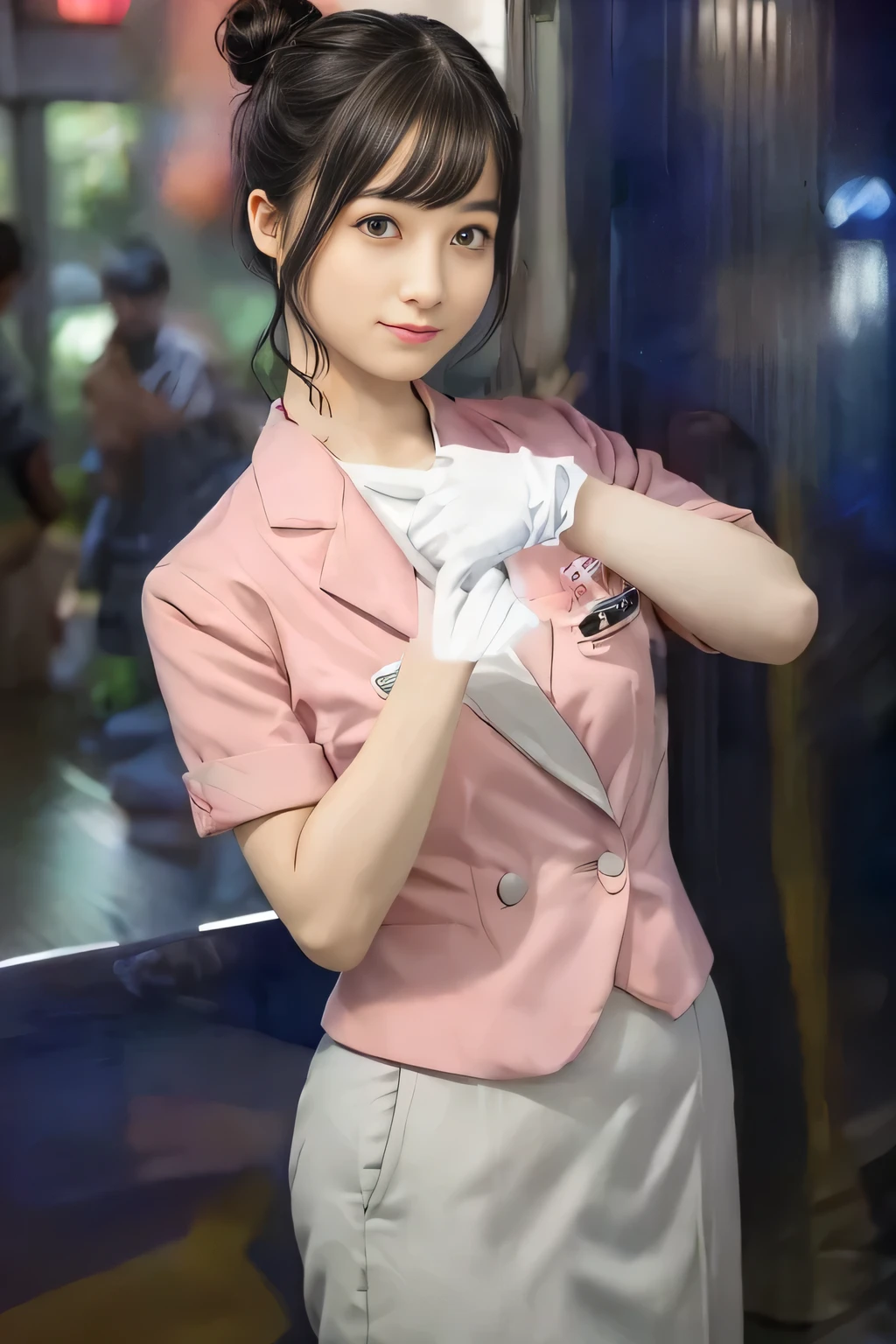 (masterpiece:1.2, Highest quality:1.2), 32k HDR, High resolution, (alone、1 girl)、（On the roof of a building in the daytime、Professional Lighting）、Building rooftop background、（Nankai train crew uniform pinkを着たリアルスタイル）、（Nankai Railway crew uniform, pink, short sleeve, collarless, pink jacket、Nankai Railway crew uniform pink no-collar short-sleeve blouse、Nankai Railway crew uniform pink grey knee-length culottes）、（（The bottom of the pink short-sleeved jacket cannot be tucked into the clay-colored culottes..））、Dark brown hair、（Hair tied up、Hair Bun、Hair Bun）、Dark brown hair、Long Shot、Big Breasts、Thin legs、（（Great hands：2.0）），（（Harmonious body proportions：1.5）），（（Normal limbs：2.0）），（（Normal finger：2.0）），（（Delicate eyes：2.0）），（（Normal eyes：2.0））)、smile、（Nankai Railway crew uniform pink grey knee-length culottesを見せた美しい立ち姿）、
