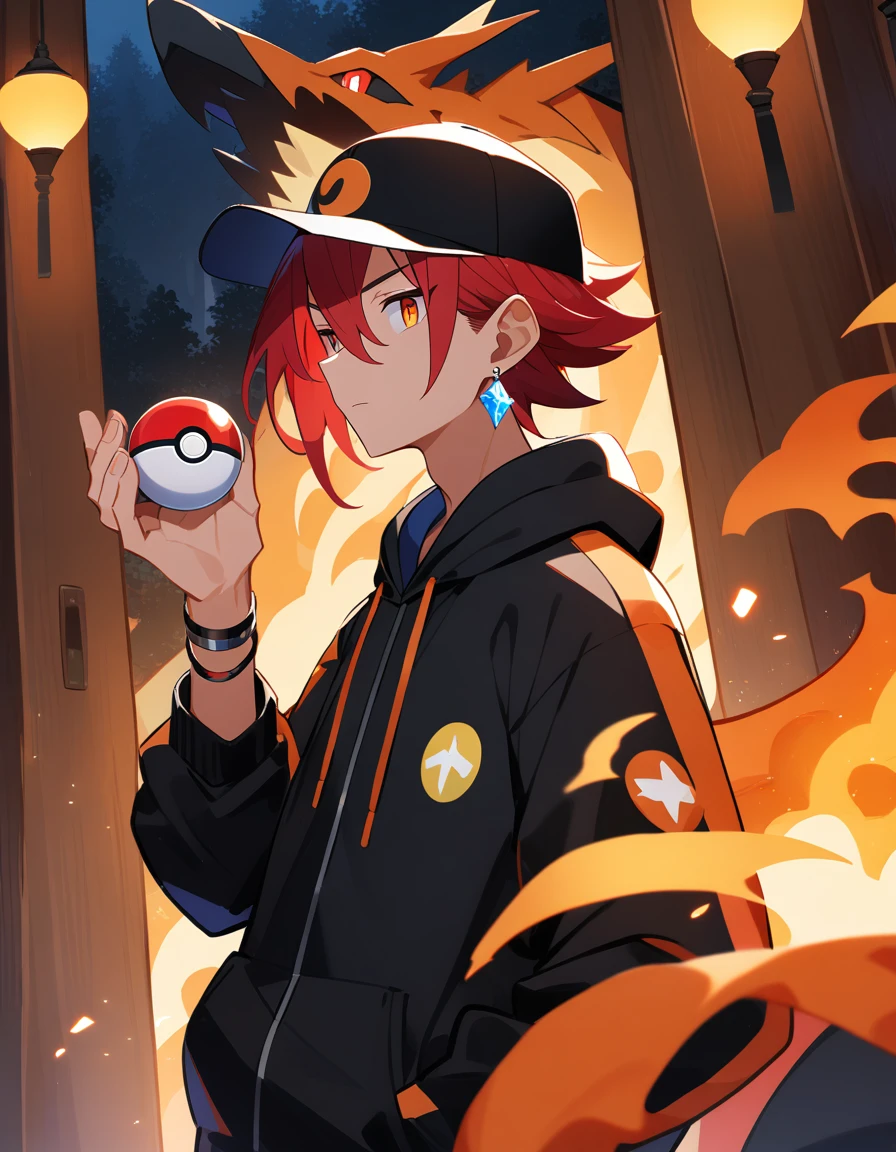 adult boy with red hair and red eyes, holds a pokeball in his hands. shorth hair, orange eyes, baseball cap with a pokeball symbol, black clothing, night on florest, forest, mighty. In front of a large entrance. One arm extended forward and the other in the pocket, wearing an black jacket. Your ear having a crystal earring. On your forearms, visible three special bracelets, each with a different symbol, all technological.. Charizard pokemon on your side, dragon orange pokemon, fire, masterpiece.
