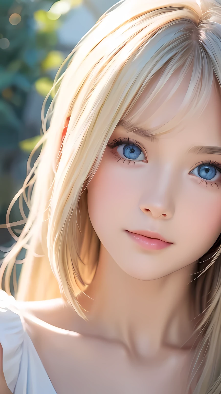 (Close-up:1.4)、(RAW shooting:1.2)、(Photorealistic:1.4)、(masterpiece:1.3)、(Highest quality:1.4)、Bright expression、Very beautiful babyface girl、An exceptionally beautiful Nordic girl、Detailed cute and beautiful face、Beautiful bangs、Shiny white glossy skin、Blonde hair on face、Bangs that reach the face、Bangs between the eyes、Super long hair、Attractive bright natural platinum blonde super long straight silky hair、Thin Hair、Attractive shining beautiful bright clear light blue big eyes、Gorgeous dress、Double eyelids、Ample Bust、Upper body、Old castle