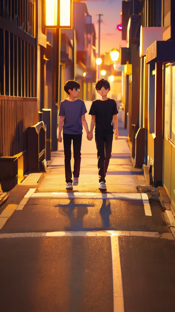 A boy and a girl walking hand in hand、Small and centrally located、Boy on the right、Girl on the left、Date、eveningの街並み、evening、Casual clothing、cute、
