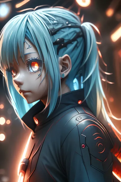 tensei shitara slime datta ken, rimuru, light blue hair, anime art style, anime style, reincarnated as a slime, bright fiery eye...