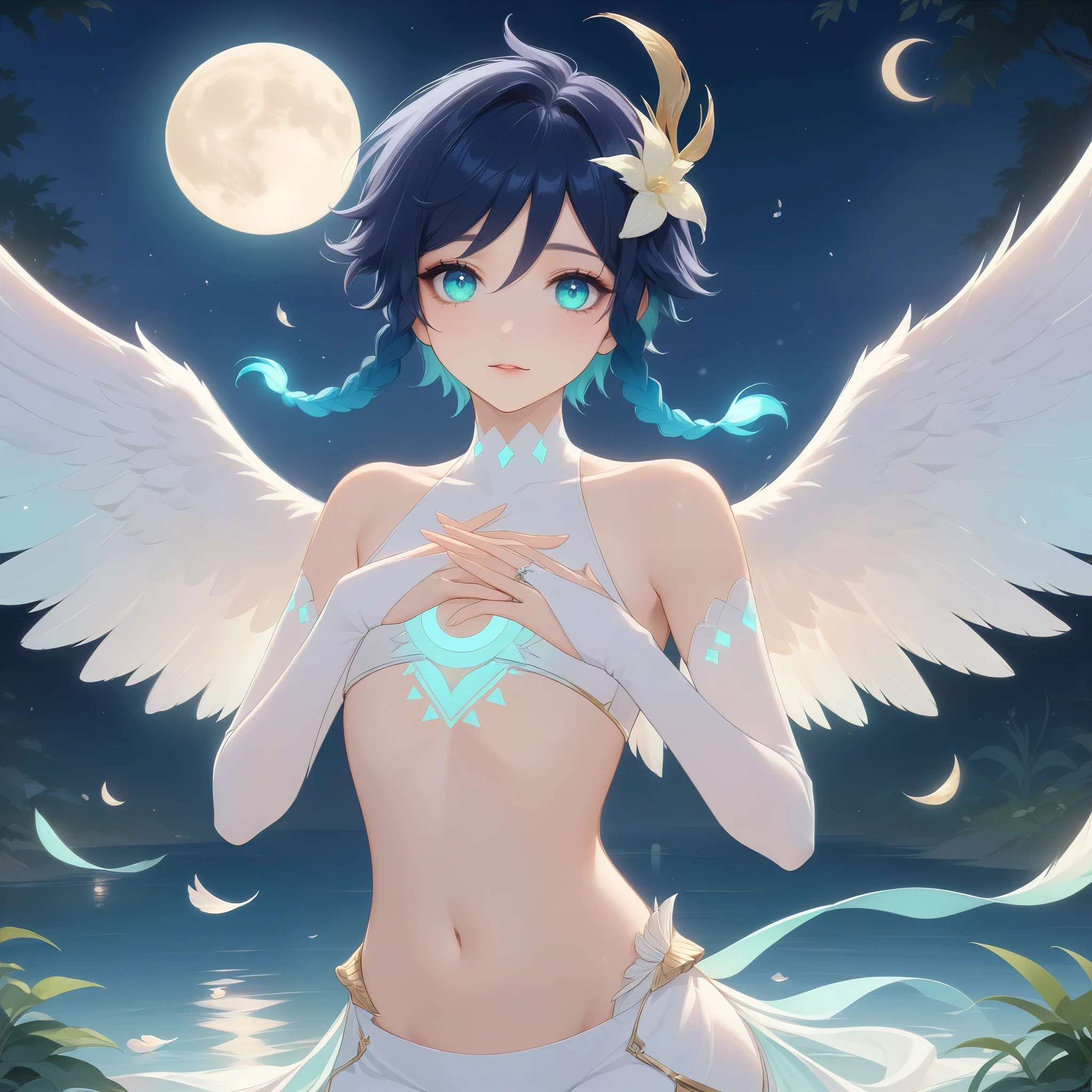 (best quality,4k,8k,highres,masterpiece:1.2),1boy,venti,genshin impact,ultra-detailed,(realistic:0.25),wearing white,bare shoulders,bare stomach,bridal gauntlets,large fluffy white feathered_wings,night,moon reflection,intricate details,delicate,pastel color palette,elegant curves,effects of light and shadow,subtle reflections,face focus,sharp focus,white flower petals falling,ethereal atmosphere,elysium,soft starlight filtering through trees,lush plant life,cool blue toned blossoms,harmonious blend of nature and art,transcendent beauty,awe-inspiring artwork,flat chest,navy gradient hair in twin braids,graceful pose,glowing hair, glowing eyes,glowing chest tattoo,Award Winning,pixiv_fantasia,artstation trending,Super Detailed, 