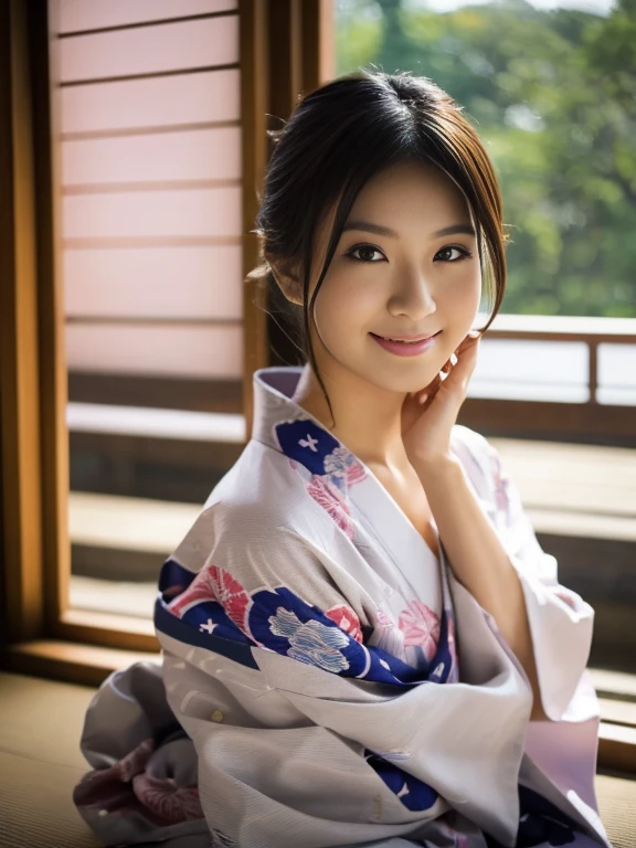 Cowboy Shot, View your viewers, (Late summer date), (8k, RAW Photos, Highest quality, masterpiece:1.2), (Realistic, Photorealistic:1.4), ((Yukata with Japanese-style patterns)), Japanese Women in College, (One Woman:1.2), She is very beautiful, Glowing Skin, Cute and symmetrical face, Perfect Face, Glowing Skin, Light Brown Hair, Medium Hair, Wavy Hair, Put your hair up, Makeup, Beautiful Hair, Beautiful Face, Beautiful attention to detail, Beautiful body, Beautiful fingers, (Kyoto cityscape), Standing, Arms crossed, (キュートなsmile), Very detailed, Shallow depth of field, Perfect Anatomy, Perfect legs, Perfect hands, Perfect Eyes, Perfect body, smile, double eyelids, (Natural Side Lighting, Cinema Lighting),