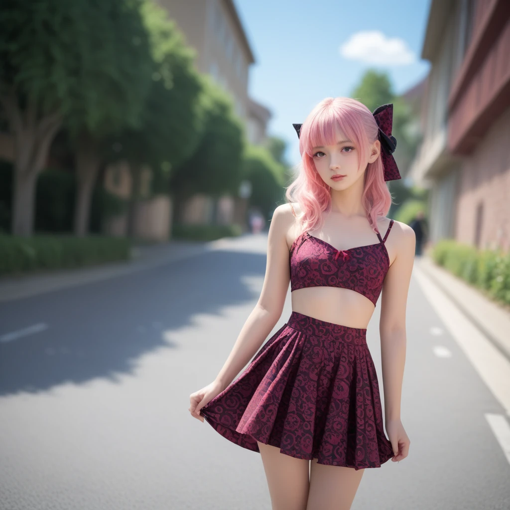 Masterpiece, best quality, height, nonsense, 1 girl, 
skirt, pink hair, Gasai Yuno, from below, revealing clothes, Skin Pattern Removal, outdoor, sunlight, road, look at the audience, Blush,Hair bow, Cowboy camera angle, chest, Gothic