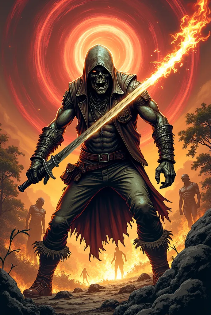 zombie dressed in leather and metal suit, with a sword of fire in his hands, sky and jungle on fire and night background of red and white spirals, fighting horrible ogres, in retro horror comic style