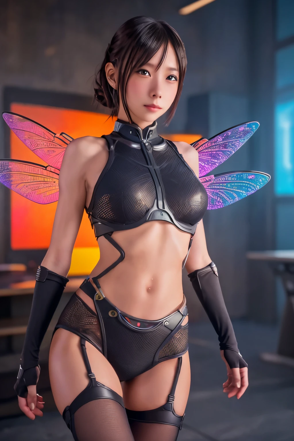 cute Yuna, cyborg dragonfly ninja, small sexy tights, clear prismatic fairy wings, a few obviously sexy mechanical modifications, stalking through an office complex after hours, best quality, 4k, 8k, highres, masterpiece:1.2, ultra-detailed, realistic, photorealistic, photo-realistic:1.37, HDR, UHD, studio lighting, ultra-fine painting, sharp focus, physically-based rendering, extreme detail description, professional, vivid colors, bokeh, sci-fi, cyberpunk, neon lights
