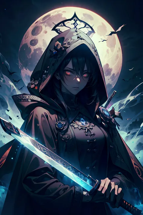 full moon background　wearing a black cloak　swordsman with long sword, shiny black hair and dark skin, black outfit.　minimum prot...