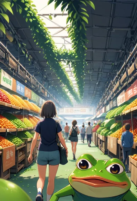 a couple of frogs, walking through the fruit market, 1chico, 1chica, frontal wide shot, distant view