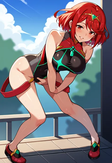 score_9, score_8_up, score_7_up, source_anime break 1girl, solo, prsum, red eyes, red hair, short hair, tiara, earrings, chest j...