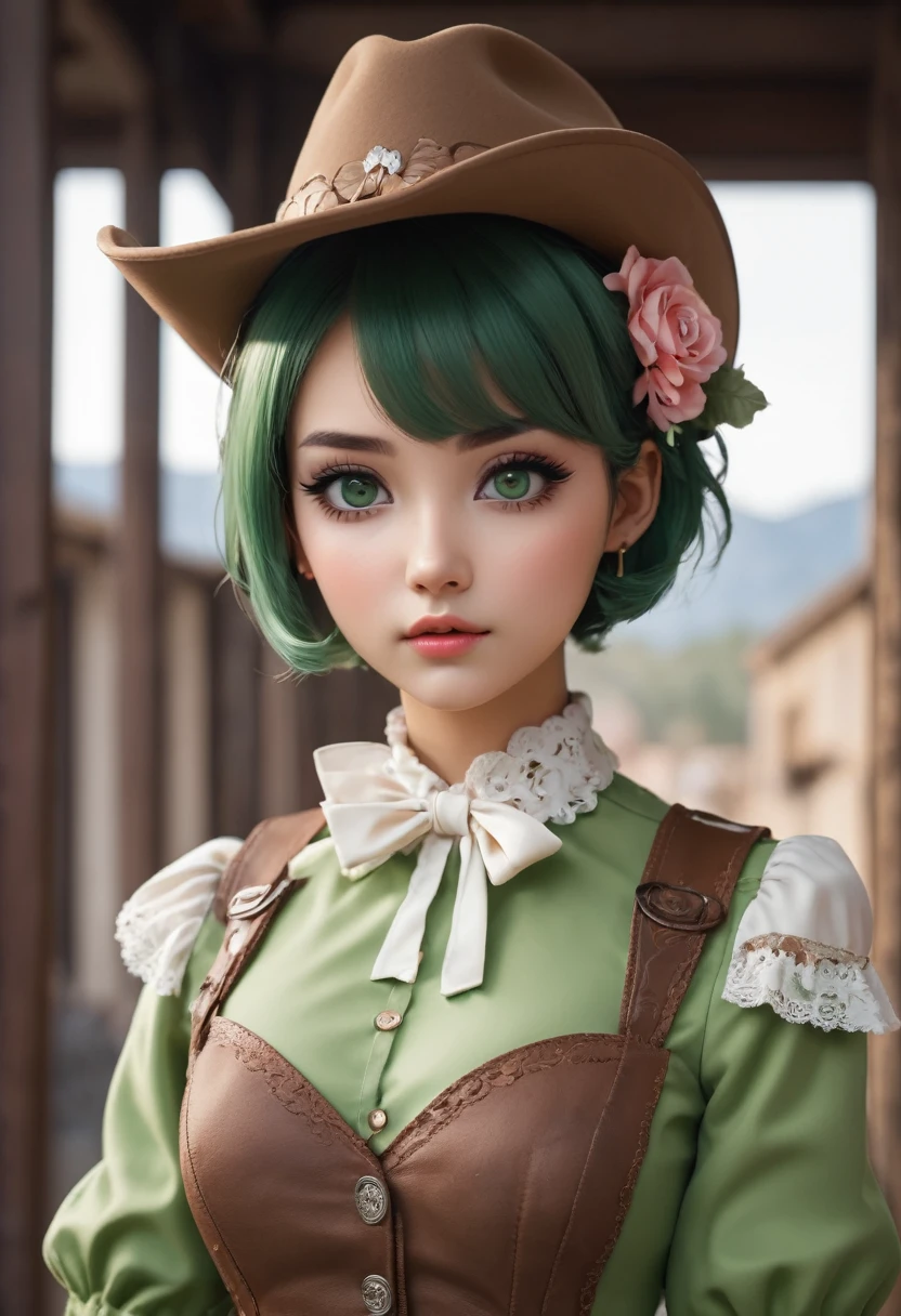 (cowboy shot), sfw,  (masterpiece), (best quality:1.0), (ultra highres:1.0), detailed eyes, BREAK , MissMartianYJ, green skin, short hair, 1girl, sweet_lolita, BREAK, (street, indoors,  gorgeous view)