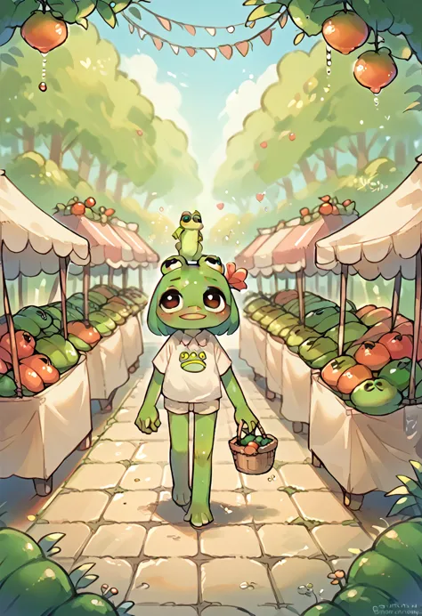 pepe the frog, a couple of frogs, walking through the fruit market, 1boy frog, 1girl frog, frontal wide shot, distant view