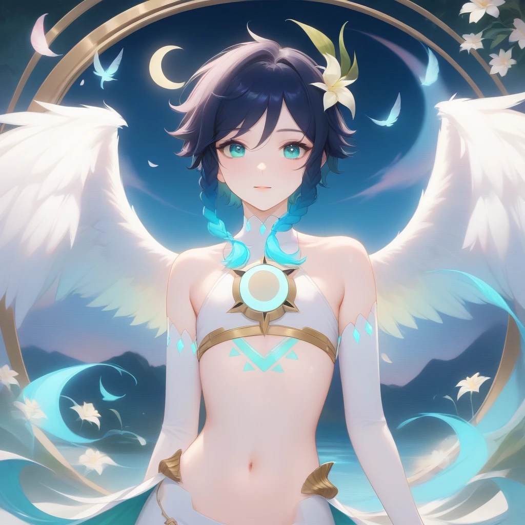 (best quality,4k,8k,highres,masterpiece:1.2),1boy,venti,genshin impact,ultra-detailed,(realistic:0.25),wearing white,bare shoulders,bare stomach,bridal gauntlets,large fluffy white feathered_wings,night,moon reflection,intricate details,delicate,pastel color palette,elegant curves,effects of light and shadow,subtle reflections,face focus,sharp focus,white flower petals falling,ethereal atmosphere,elysium,soft starlight filtering through trees,lush plant life,cool blue toned blossoms,harmonious blend of nature and art,transcendent beauty,awe-inspiring artwork,flat chest,navy gradient hair in twin braids,graceful pose,glowing hair, glowing eyes,glowing chest tattoo,Award Winning,pixiv_fantasia,artstation trending,Super Detailed,