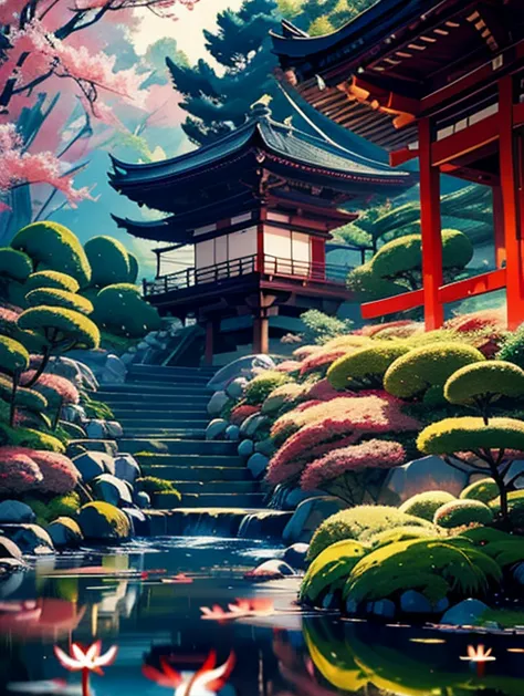 (digitalpainting),(best qualityer), serene japanese garden, spider lily flowers in full bloom, koi pond, footbridge, pagoda, uki...