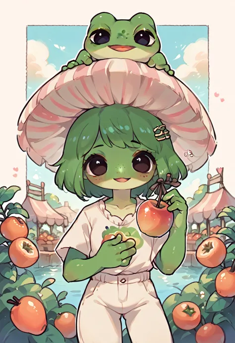 pepe the frog, 1girl frog, at the fruit market, taking an almond with your hand