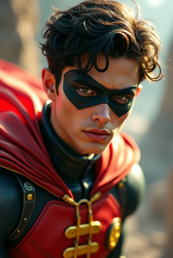 a man Robin DC comics femboy (1boy, femboy, Robin, the Boy Wonder), beautifully detailed eyes, flawless skin, delicate facial features, athletic physique, dynamic pose, vibrant colors, (fantasy,comic book style:1.2), ornate costume, (best quality, 4k, 8k, highres, masterpiece:1.2), ultra-detailed, (realistic, photorealistic, photo-realistic:1.37), dramatic lighting, cinematic composition, vivid colors, intricate details