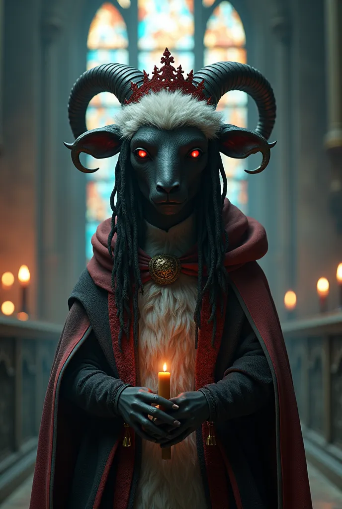 ((mouton (agneau \(cult of the agneau\)), corps noir et fourrure blanche, white dreadlocks hair, corne, light red sclera)), (wear a red crown, red cloak, robe grise noire:1.25), (flat chest, ssmile), ((Detailed fluffy fur)), (Portrait en pied, regarder le spectateur, Vue trois-quarts:1.3), CASSER, (standing in church with stained glass windows:1.25), (dehors, brouillard, haze, bougie:1.2), (detailed context, depth of ﬁeld, half body shadow, sunlight, Ambient light on the body), (complexe:0.7), (high detail:1.2), (Unreal engine:1.3), (mise au point douce:1.1), [contenu explicite, contenu douteux], (head of&#39;artwork, Best quality, 4K, 2k, shady, absurd rest)