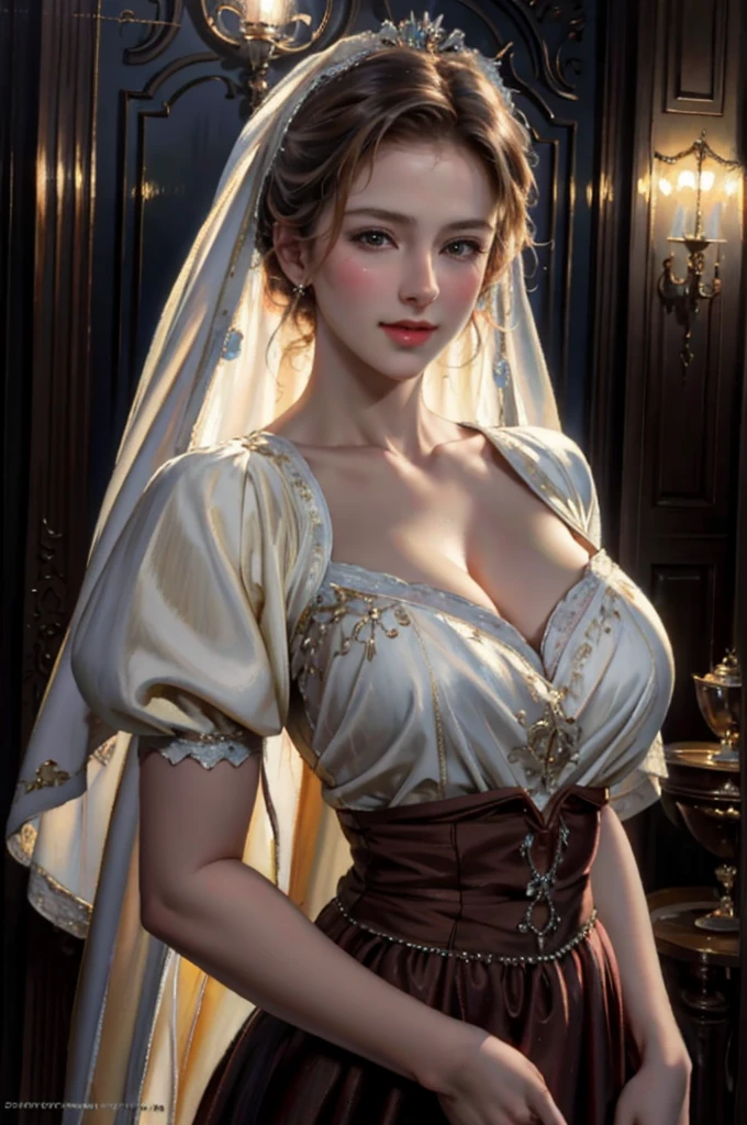 ((masterpiece:1.2)), ((Old western style oil painting)), (Highest quality, High resolution, Ultra-realistic live-action representation, Fine skin expression, Four fingers and a thumb:1.2,), Cinematic Lighting, shape, night, 1 girl, ((perfect cute face)), whole body, (Wedding Dresses), (wedding veil), Put your arms around your back, Waiting for a kiss, Gazing at the viewer, Happy, blush,