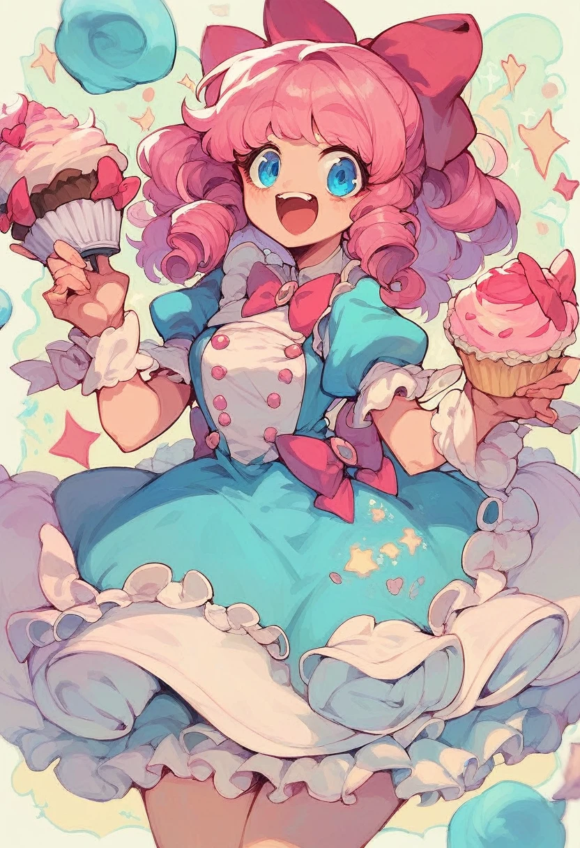 1girl, poofy pink hair, holding cupcake, short puffy dress, a lot of frills, happy face, blue eyes, pink hair bow, puffy sleeves, 