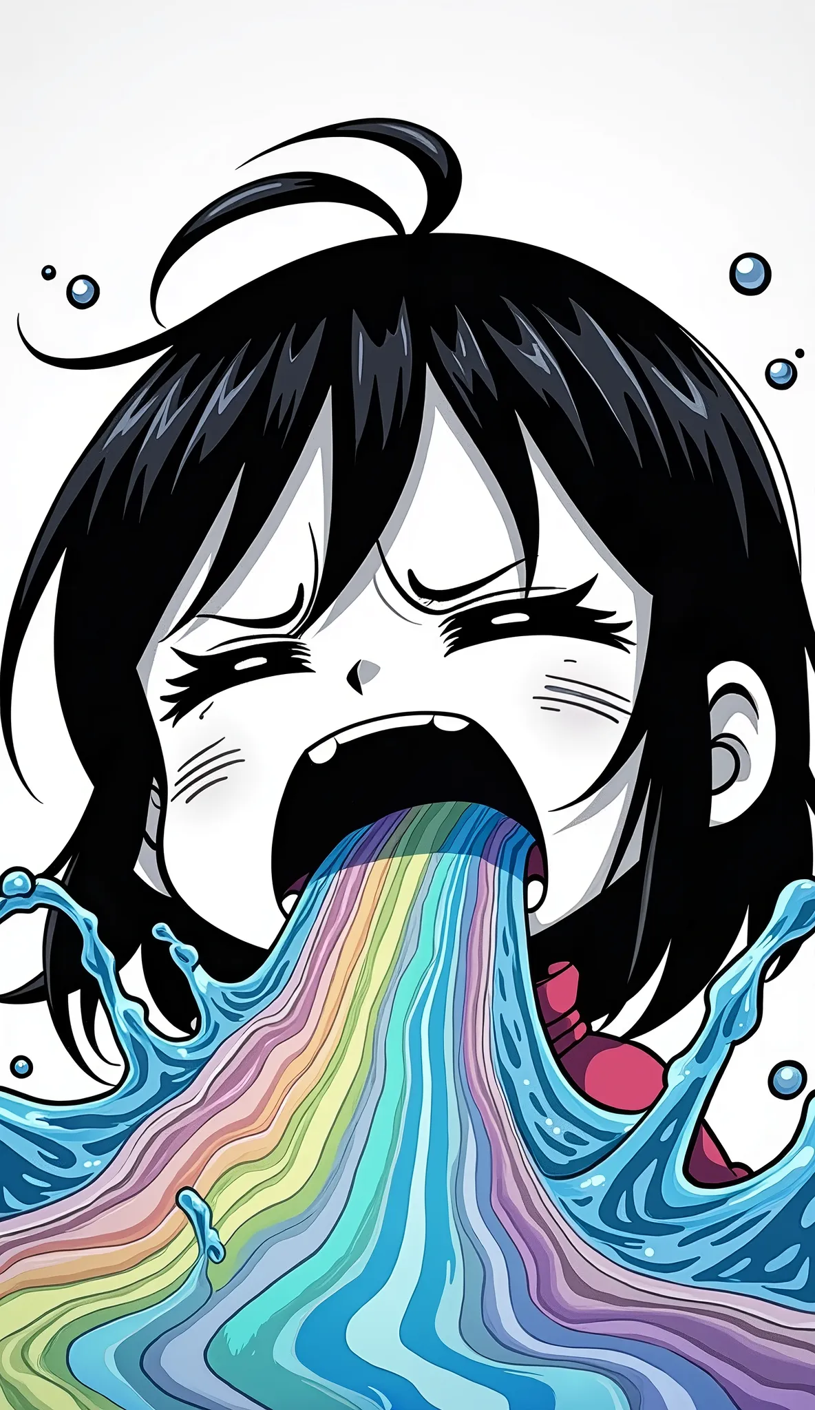 black and white image of a cute chibi manga girl in distressed face vomiting a lot of beautiful water as vigorously and profusely as a merlion, water is transparent and cosmic color and very colorful with many colors in very smooth gradience,close up of face, concentration line on back