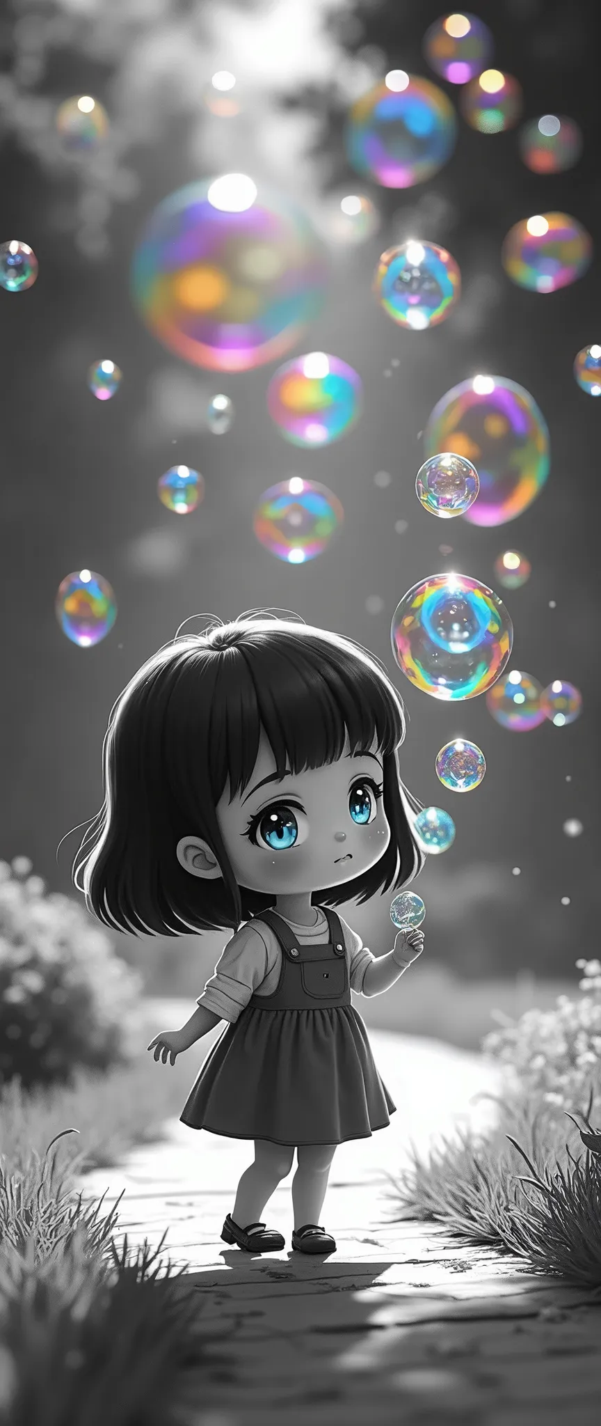 black and white image of a cute chibi manga girl blowing soap bubbles in a park, lots of soap bubbles are transparent and cosmic color and very colorful with many colors in very smooth gradience, image from above, focus on the soap bubbles, bold and powerful camera work