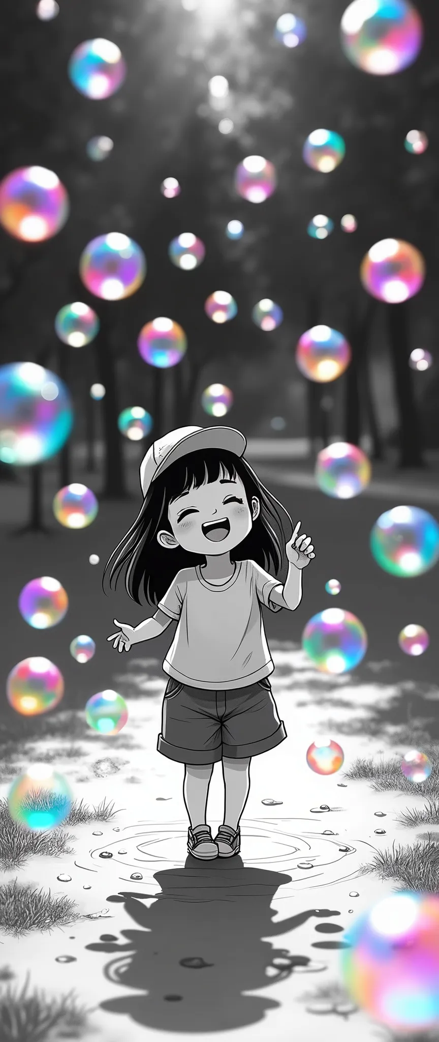 black and white image of a cute chibi manga girl playing smiling with soap bubbles in a park, lots of soap bubbles are transparent and cosmic color and very colorful with many colors in very smooth gradience, image from above, focus on the soap bubbles, bold and powerful camera work