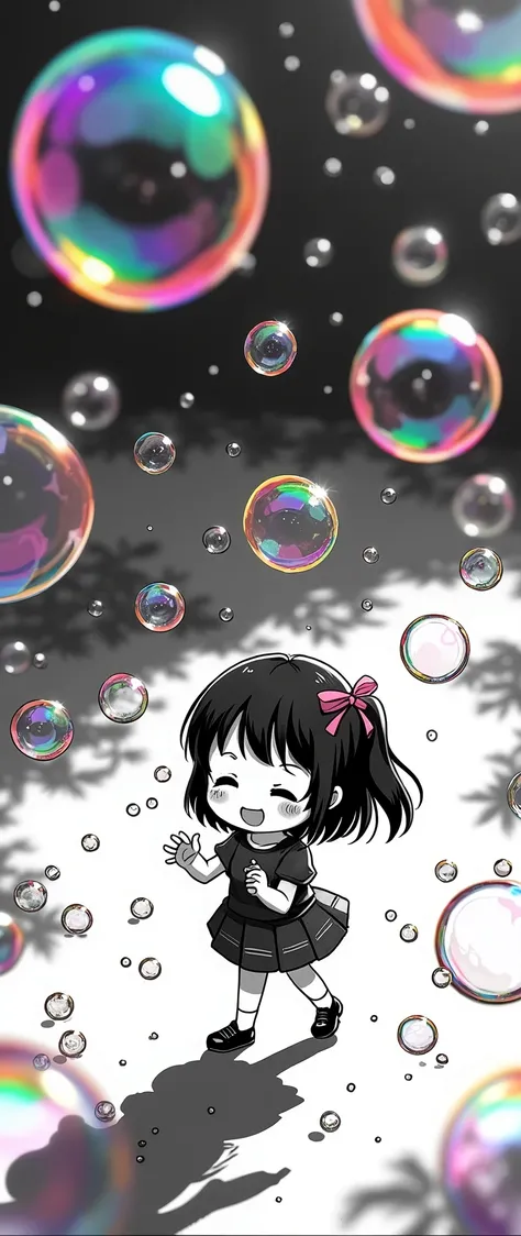 black and white image of a cute chibi manga girl playing smiling with soap bubbles in a park, lots of soap bubbles are transparent and cosmic color and very colorful with many colors in very smooth gradience, image from above, focus on the soap bubbles, bold and powerful camera work