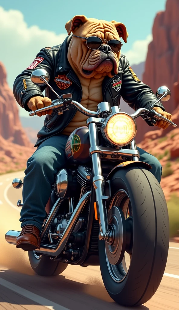 anime style cartoon, Humanized hybrid Bulldog dog wearing a black leather jacket with patches with legends of famous routes in the United States, riding a harley davidson, Sunglasses, general plan image, highly detailed, skin and fur texture, cinematographic film lighting, Set on Route 66