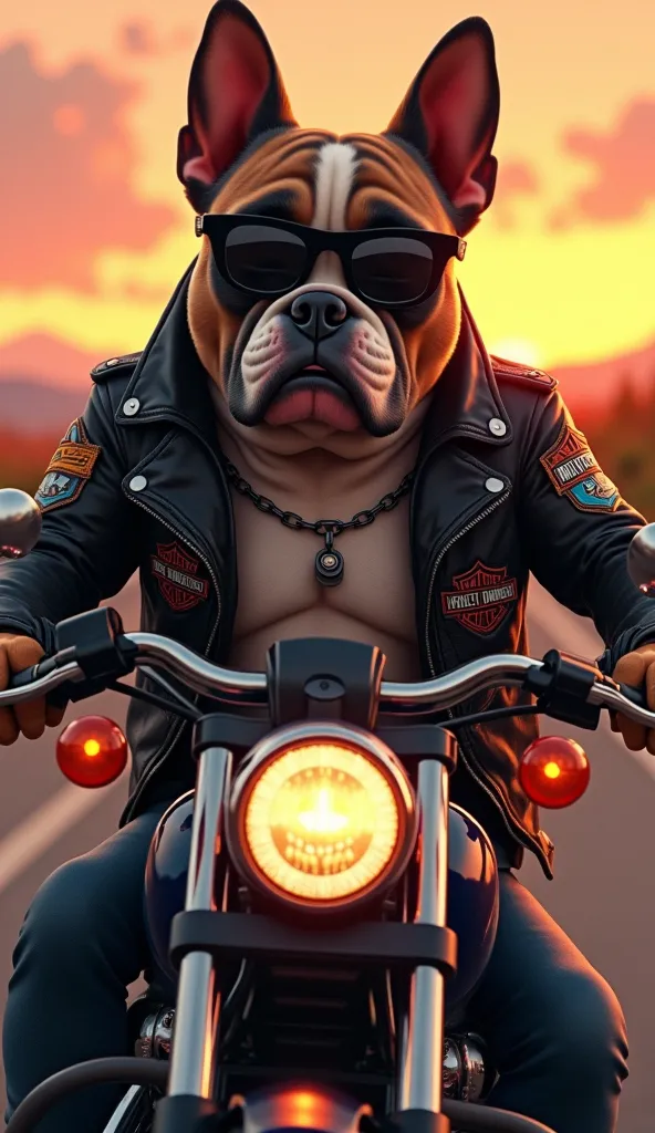 anime style cartoon, Humanized hybrid Bulldog dog wearing a black leather jacket with patches with legends of famous routes in the United States, riding a harley davidson, Sunglasses, general plan image, highly detailed, skin and fur texture, cinematic film lighting, Set on Route 66, Sunset, last rays of the sun