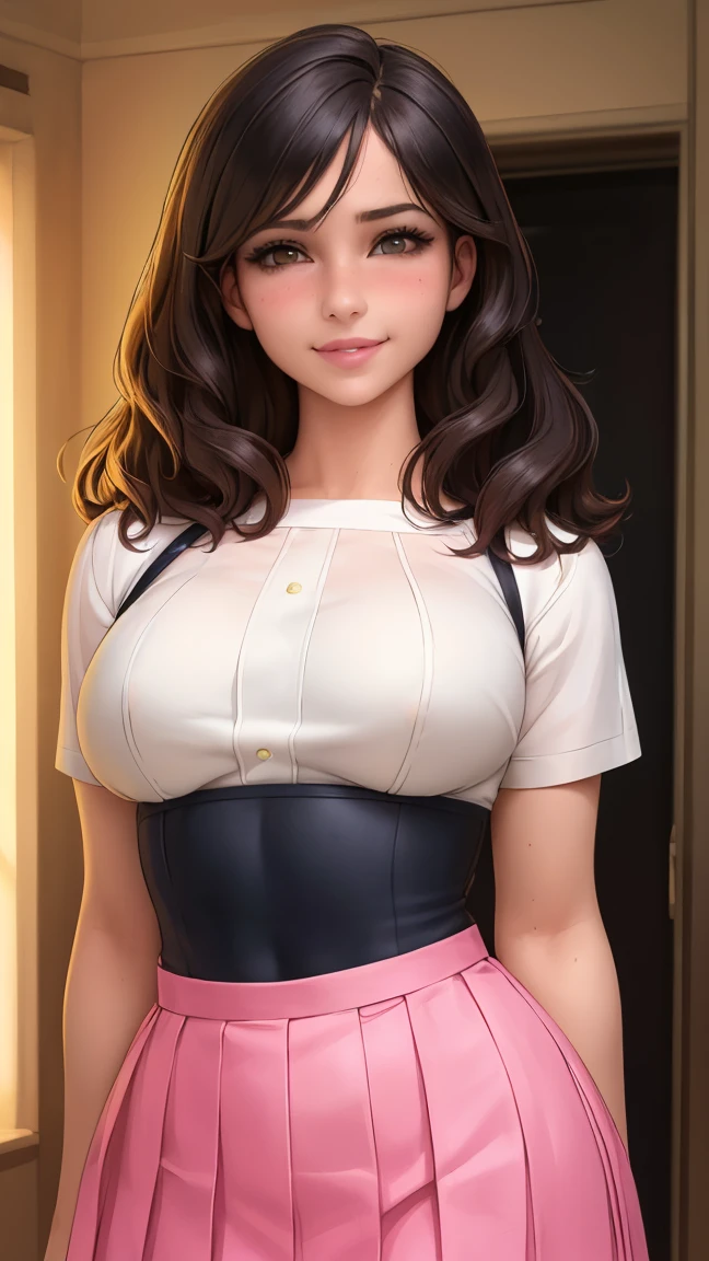 (best quality, ultra-detailed, photorealistic: 1.39), bright and vibrant colors, studio lighting, romantic expression, big breasts, pink lips, shy smile, brown girl in a strap blouse, black hair beautiful pleated skirt, wavy skirt