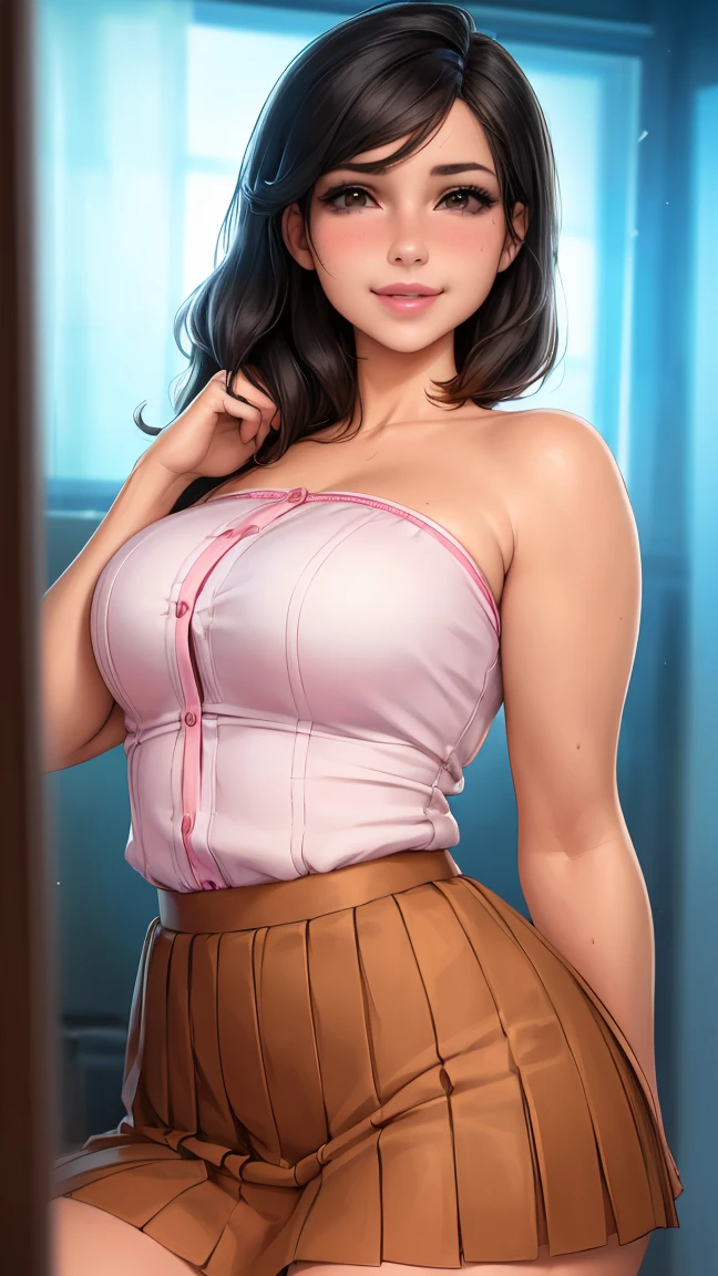 (best quality, ultra-detailed, photorealistic: 1.39), bright and vibrant colors, studio lighting, romantic expression, big breasts, pink lips, shy smile, brown skinned girl in a strap blouse, black hair beautiful pleated skirt, wavy skirt