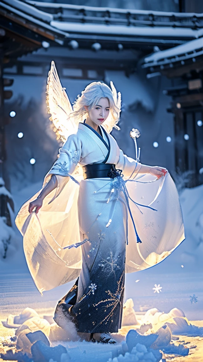 ((((Snow-white hair, as cold as ice)))), (A warrior racing through a blizzard of snow), ((((Kimono shimmering with ice crystals)))), (Ultra-HD, top-tier quality, incredibly beautiful, cold as an ice sculpture), 24000dpi, ice queen, cold, sharp gaze, ice blade, Japanese beauty, ((Traditional Japanese kimono:1.4, Angel of ice)), (((Blade of ice, wrapped in a blizzard))), cold winds swirling around her, battling through the storm, full-body, merciless posture, immense power, surrounded by freezing air.
