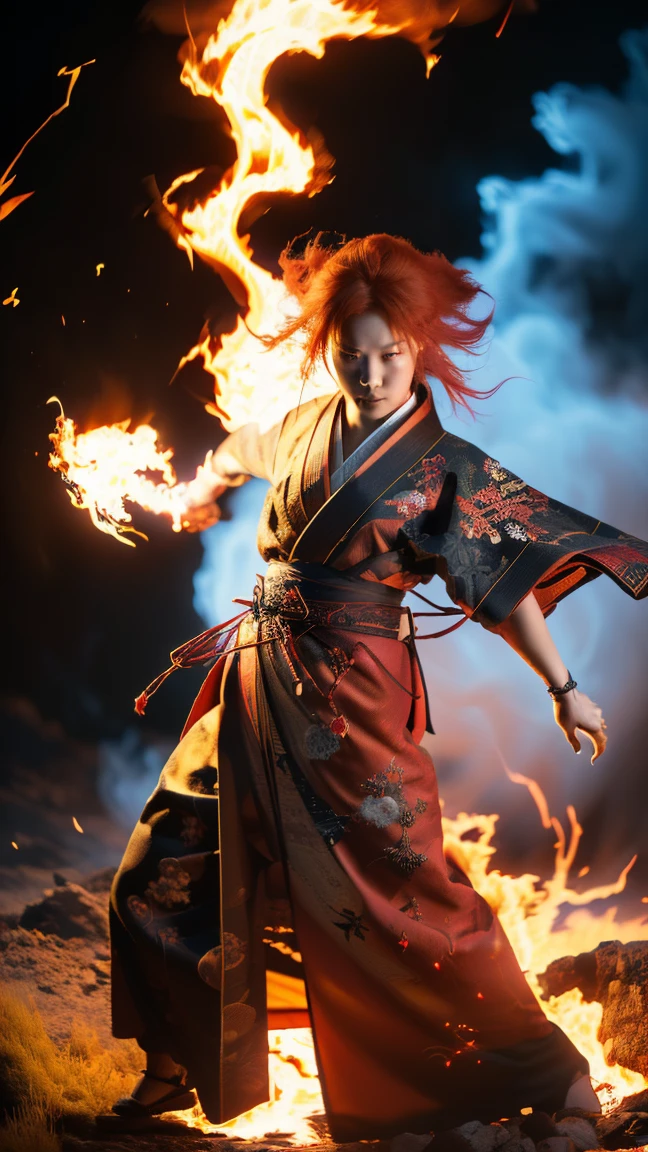 ((((Fiery red hair, engulfed in flames)))), (Red lightning slicing through the sky, a warrior cloaked in electricity), ((((Crimson kimono with golden embroidery)))), (Ultra-HD, top-tier quality, hyper-realistic, overwhelmingly beautiful), 24000dpi, charismatic woman, eyes burning like fire, lightning-fast movement, Japanese beauty, ((Traditional Japanese kimono:1.5, Seraphic warrior)), (((Red lightning katana, wrapped in flames, one-hit kill))), red lightning dancing around her, tearing through the sky, full-body, powerful, aggressive stance, explosive energy, goddess of war.
