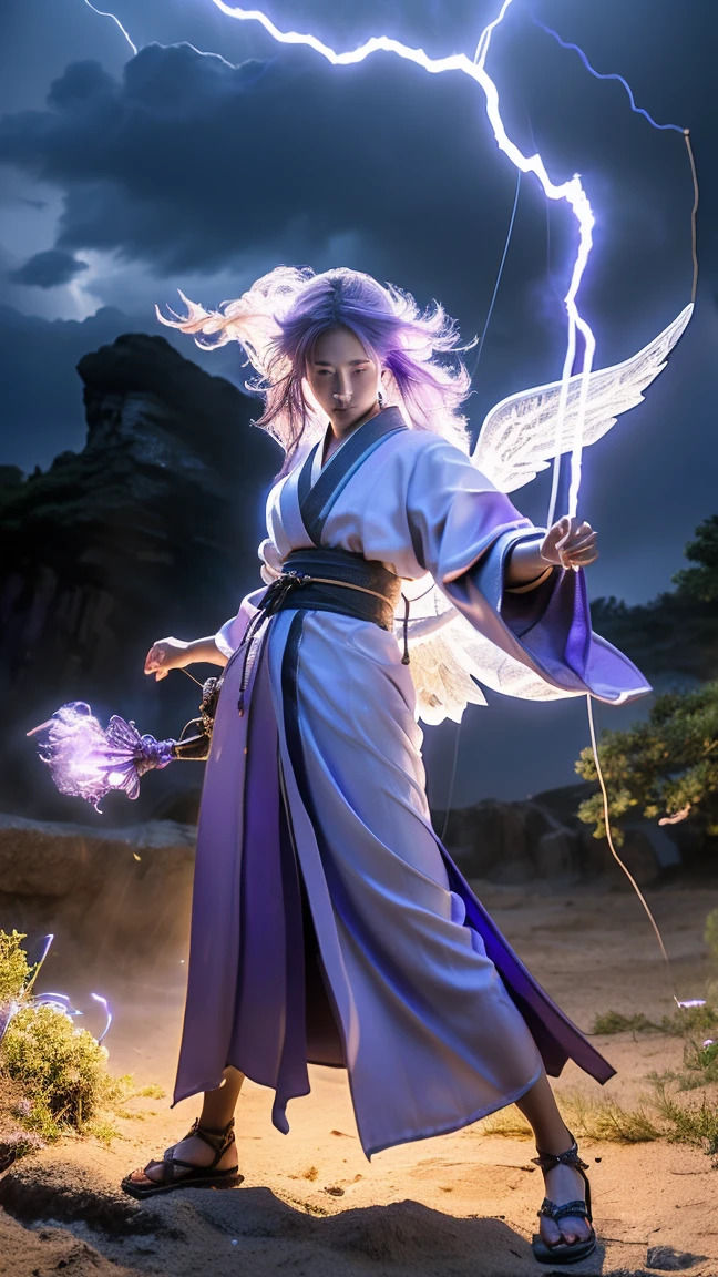 ((((Purple hair, cloaked in wind)))), (A warrior who commands wind and lightning, purple lightning tearing through the sky), ((((Kimono flowing in the wind, deep purple)))), (Ultra-HD, top-tier quality, overwhelmingly beautiful), 24000dpi, goddess of wind and lightning, speed of instant movement, Japanese beauty, ((Traditional Japanese kimono:1.4, Angel of wind and lightning)), (((Sword glowing with purple lightning, wind swirling))), wind and lightning racing around her, full-body, rapid movements, intense battle scene, lightning splitting the sky.
