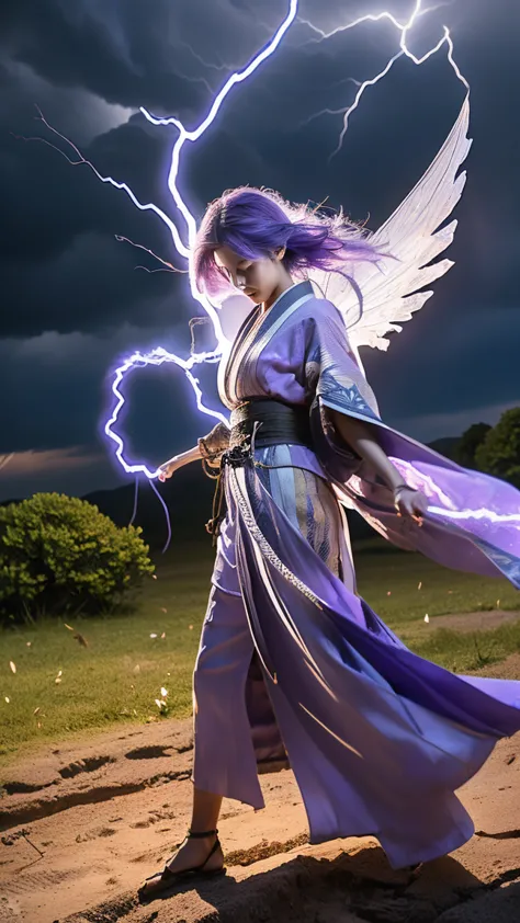 ((((japanese women, , beautiful girl)))), ((((purple hair, wear the wind)))), (a warrior who controls wind and lightning, purple...