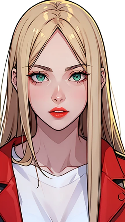 Girl, long straight blonde hair, green eyes, sharp features, white skin, bright red lips, perfect, t-shirt, jacket