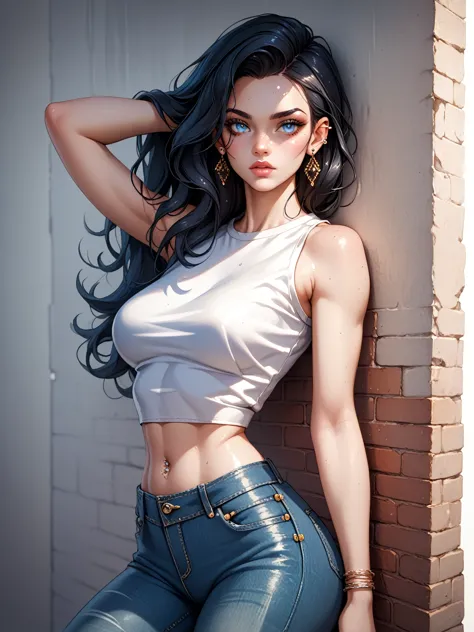 {{artist: midjourney}}, {{style: watercolor}}, beautiful woman, leaning on wall, relaxed pose, low rise jeans, midwaist tight cr...