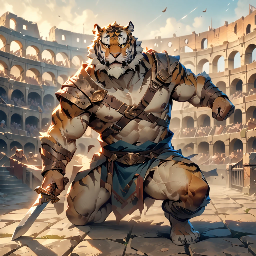 masterpiece, best quality, very aesthetic, absurdres, BREAK [face:full body:0.25], looking away, from above, gladiator, plump middle-aged tiger man, fluffy body, BREAK [small penis with beautiful thin and tight foreskin, hairy testicles, flaccid, thin foreskin, anus:brief, tank top, helmet:025], brown eyes, beautiful beard, male face, big face, square jawline, male eyes, sharp eyes, big eyes, male eyebrows, innocent look, BREAK holding sword, assisted exposure, fighting pose, dynamic pose, BREAK [simple background::0.25], morning, colosseum, outdoor,