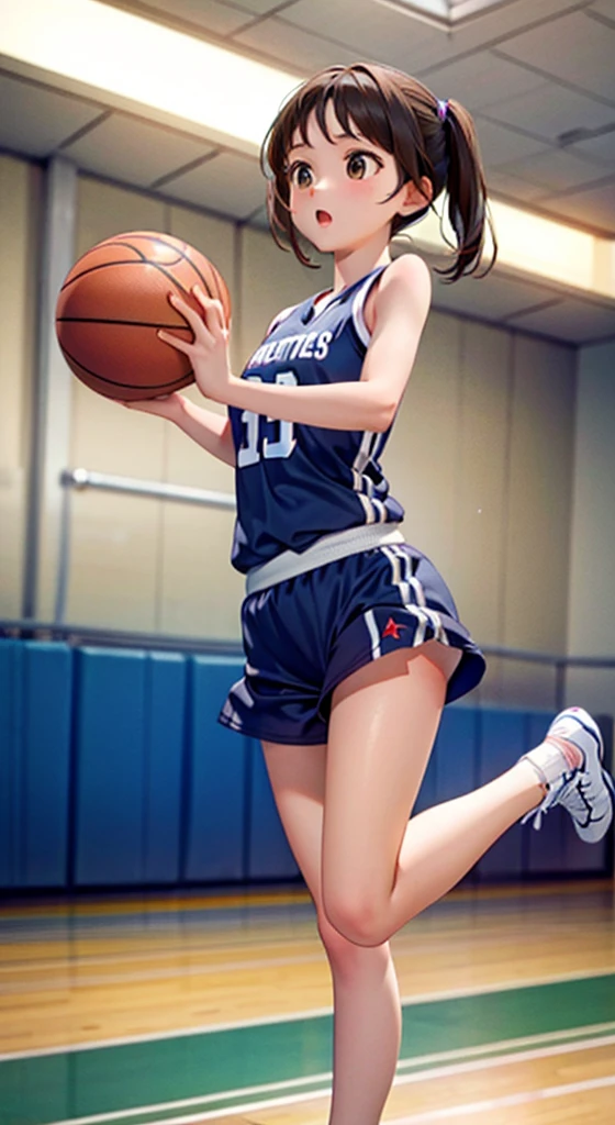 A girl jumps gracefully to shoot a basketball、naked