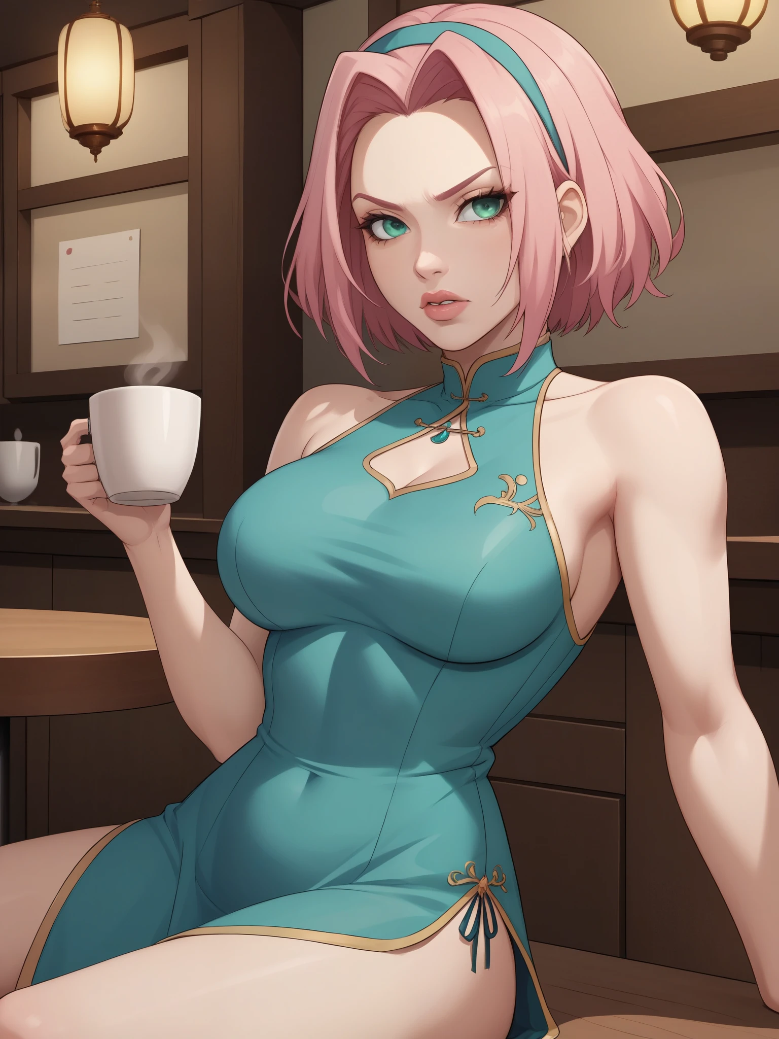 Haruno Sakura.short pale pink hair, large light green eyes, a large forehead, thin lips, small saggy breasts and very fair skin. A disdainfully angry expression on his face. choker. china dress. cafe. a cup of coffee and croissants. sitting. 
