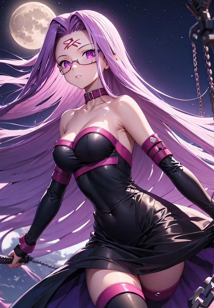 score_9, score_8_up, score_7_up, source_anime, medusarider, medusa rider, long hair, very long hair, purple hair, facial mark, forehead mark, thighhighs, dress, cleavage, bare shoulders, detached sleeves, black dress, collar, strapless, strapless dress, blindfold, outdoors, night, night sky, moon, clouds, looking at viewer, cowboy shot, dutch angle, fighting stance, weapon, chain, knife,