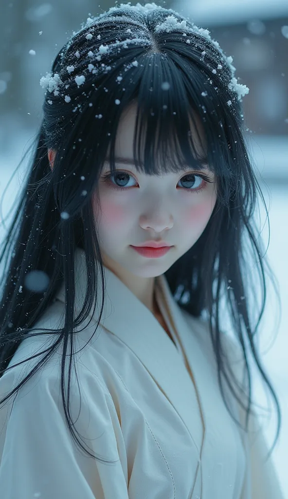 a young japanese girl, pale skin, long black hair, wearing a white dress, beautifully detailed face, horror smile, surrounded by...