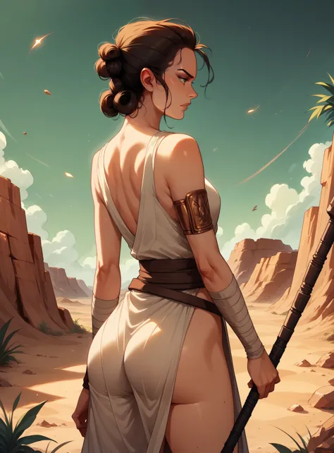 rey skywalker in a dynamic pose, wearing her desert scavenger outfit, with a focus on her prominent and shapely ass. she stands ...