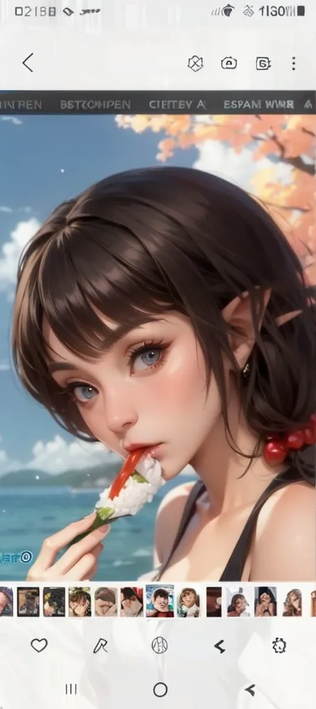 mature adult female elf, looking to the side, face to the side. eating japanese food, biting sushi