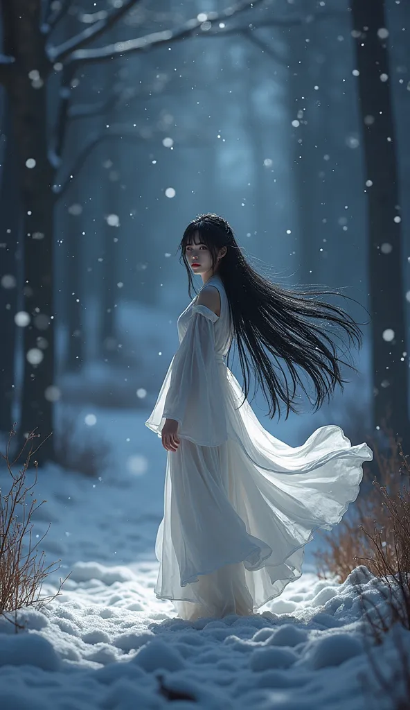 a young japanese women, pale skin, xtra long black hair, wearing a white dress, beautifully detailed face, horror smile, surroun...